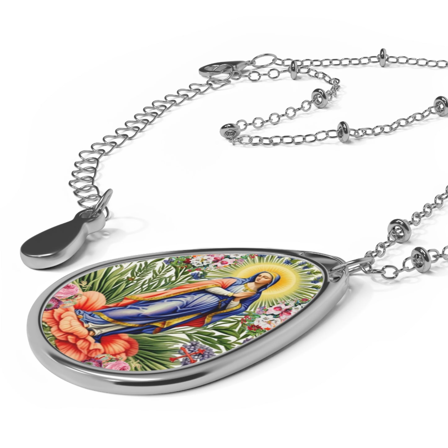 Delicate Oval Necklace with Floral Design, Meaningful Gift for Her, Boho Jewelry, Charm Necklace, Religious Pendant, Everyday Wear