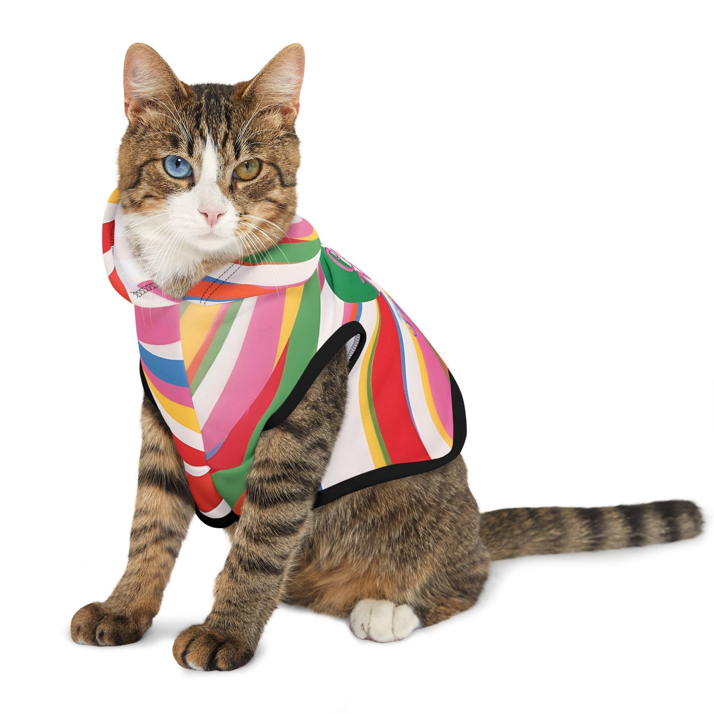Vibrant Pet Hoodie with Colorful Stripes, Stylish Pet Apparel, Rainbow Dog Outfit, Playful Pet Fashion