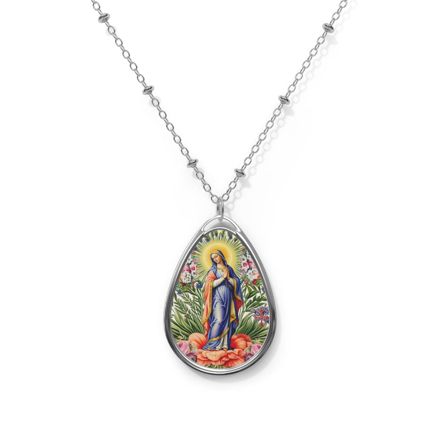 Delicate Oval Necklace with Floral Design, Meaningful Gift for Her, Boho Jewelry, Charm Necklace, Religious Pendant, Everyday Wear