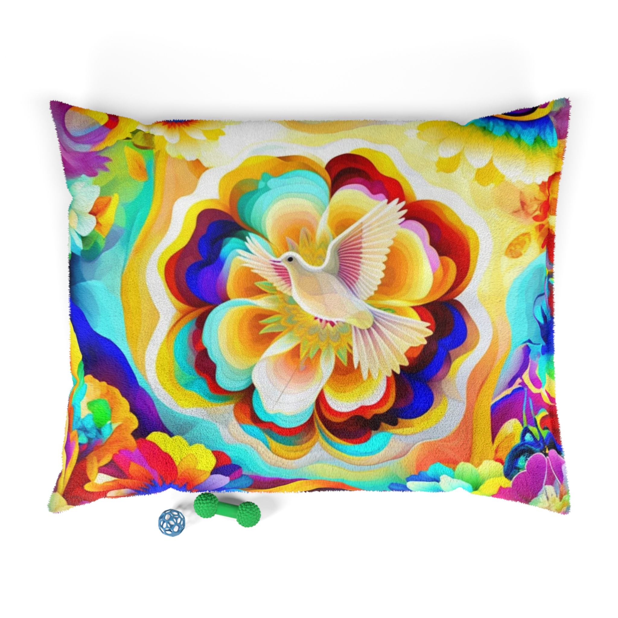 Pet Bed — Vibrant Rainbow Floral Design with White Dove