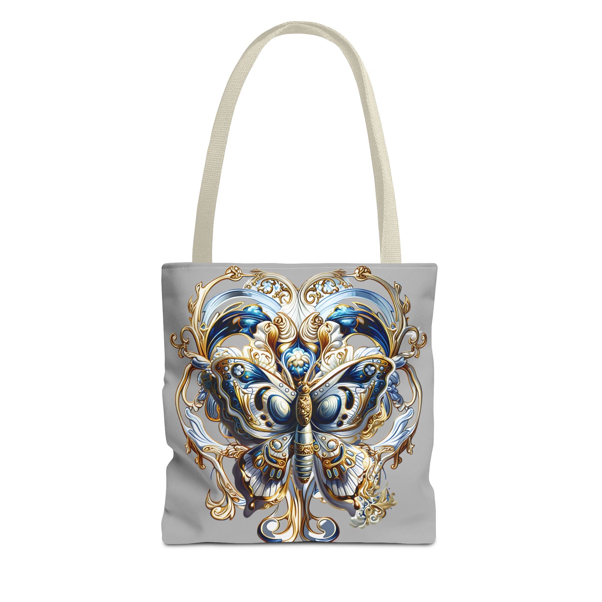 Baroque Butterfly Tote Bag — Ornate Gold & Blue All-Over Print