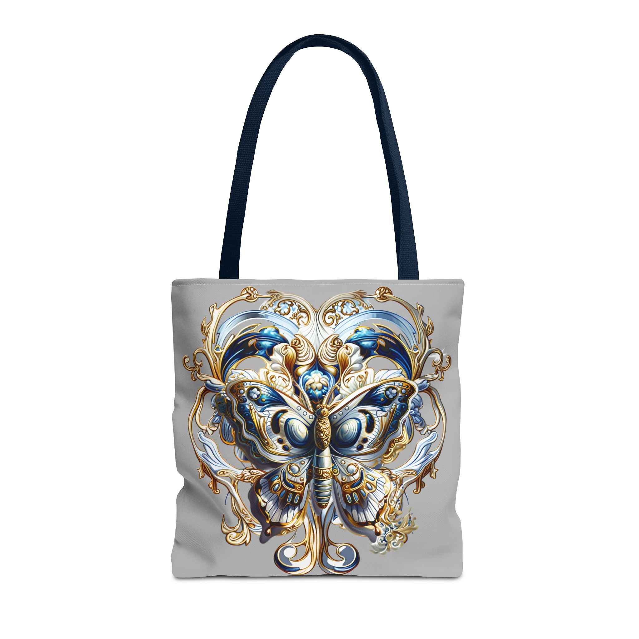 Baroque Butterfly Tote Bag — Ornate Gold & Blue All-Over Print
