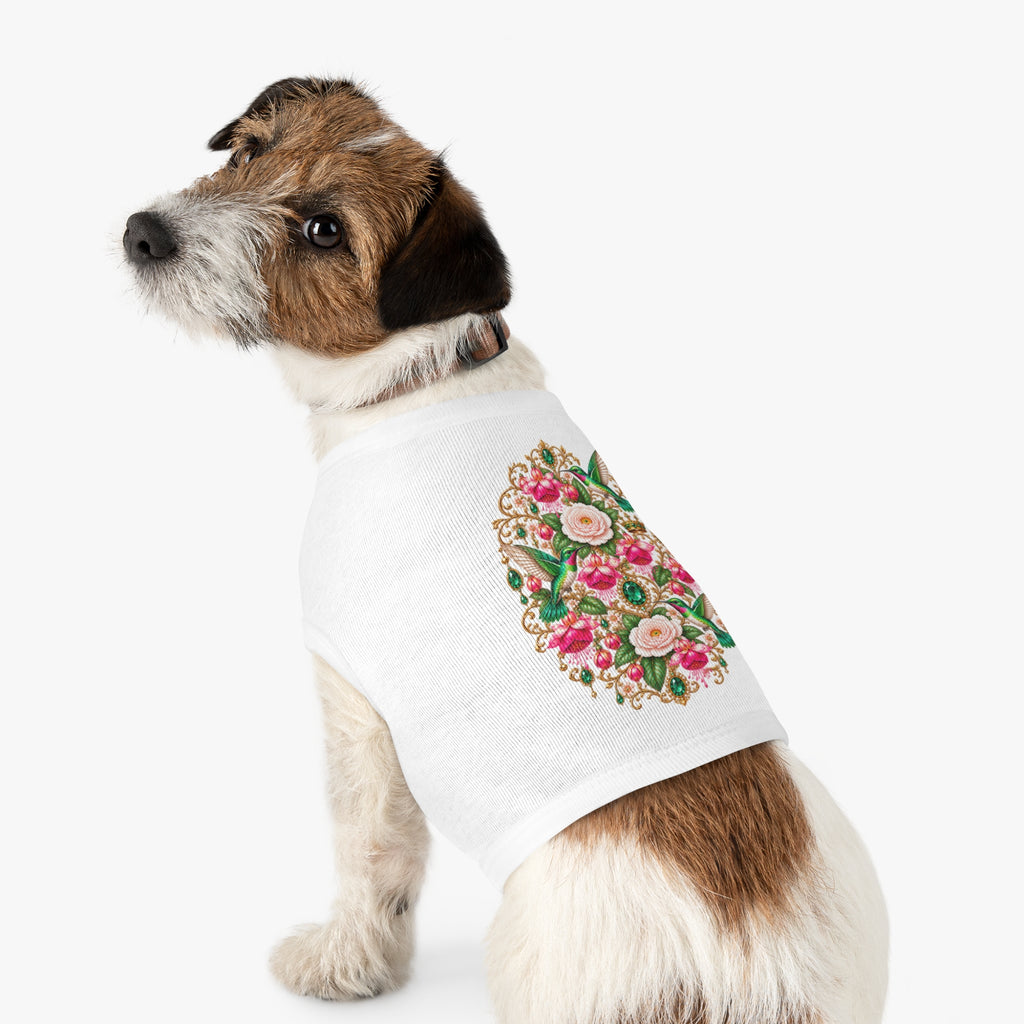 Floral Hummingbird Pet Tank — Ornate Jewel-Embossed Dog Shirt