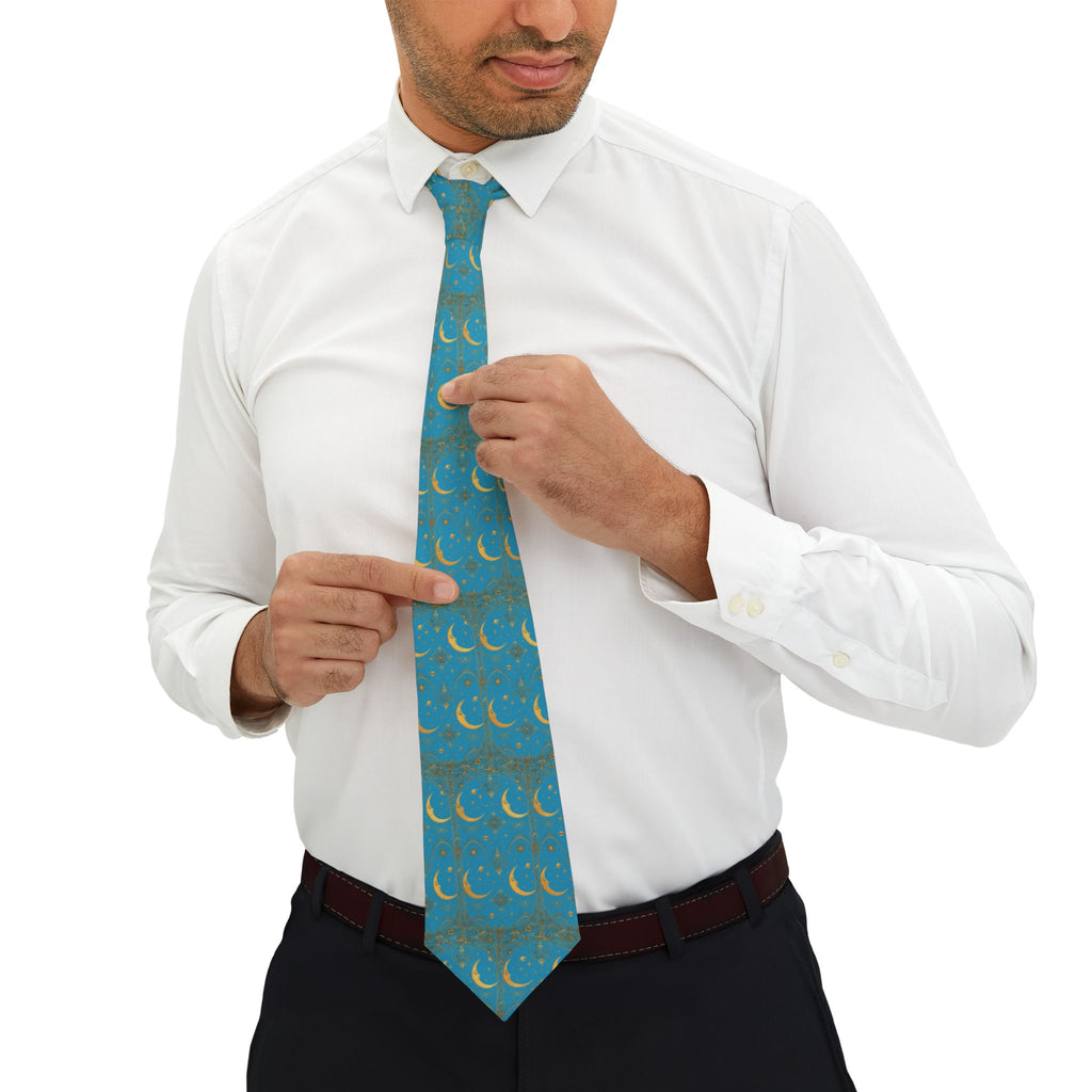 Celestial Crescent Necktie — Teal Moon Pattern Formal Tie