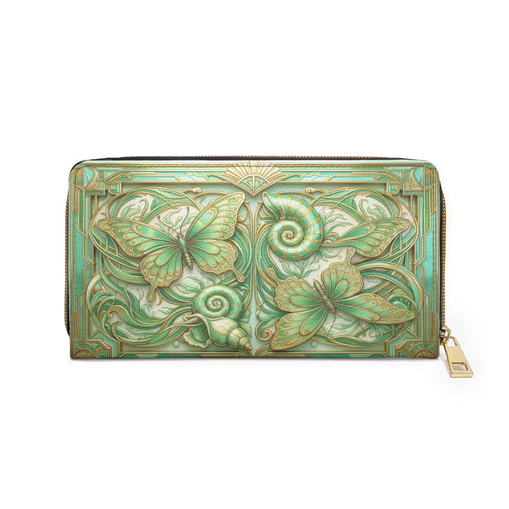 Butterfly Art Nouveau Zipper Wallet — Green Floral Leather Wallet