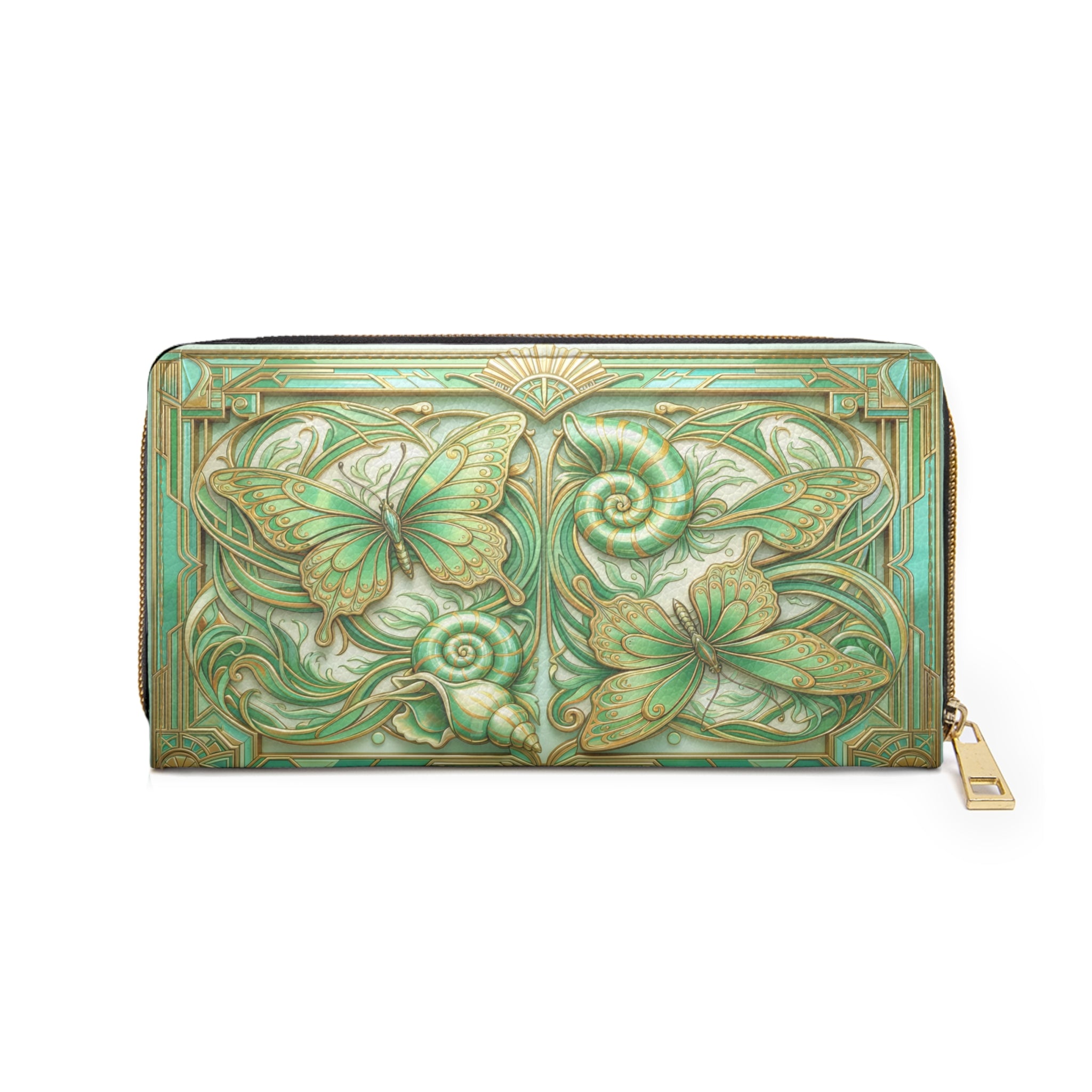 Butterfly Art Nouveau Zipper Wallet — Green Floral Leather Wallet