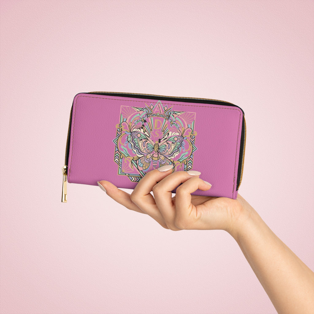 Pink Butterfly Zipper Wallet — Floral Mandala Design, Long RFID-Friendly Wallet
