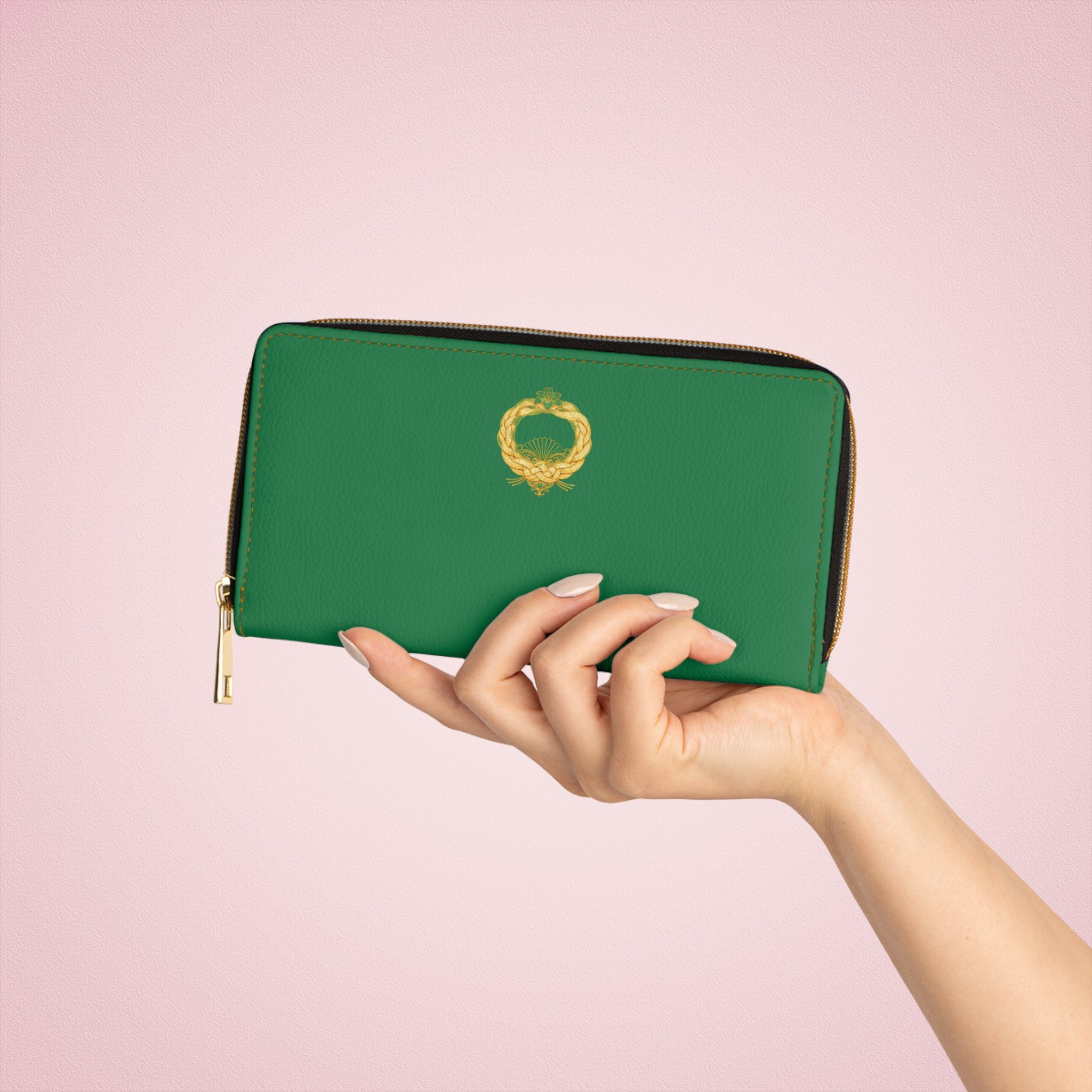 Celtic Knot Zipper Wallet — Green Leather Look Wallet with Gold Snake Emblem