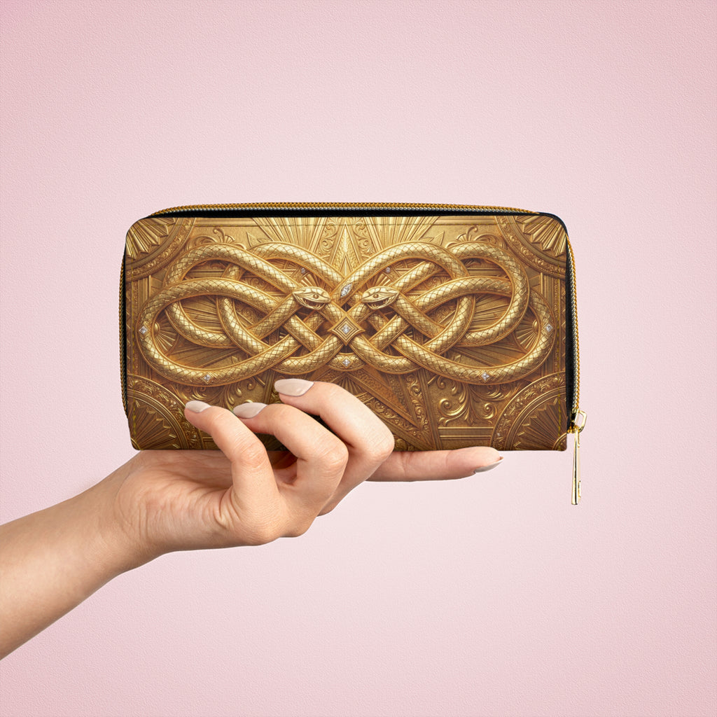 Celtic Knot Zipper Wallet — Green Leather Look Wallet with Gold Snake Emblem