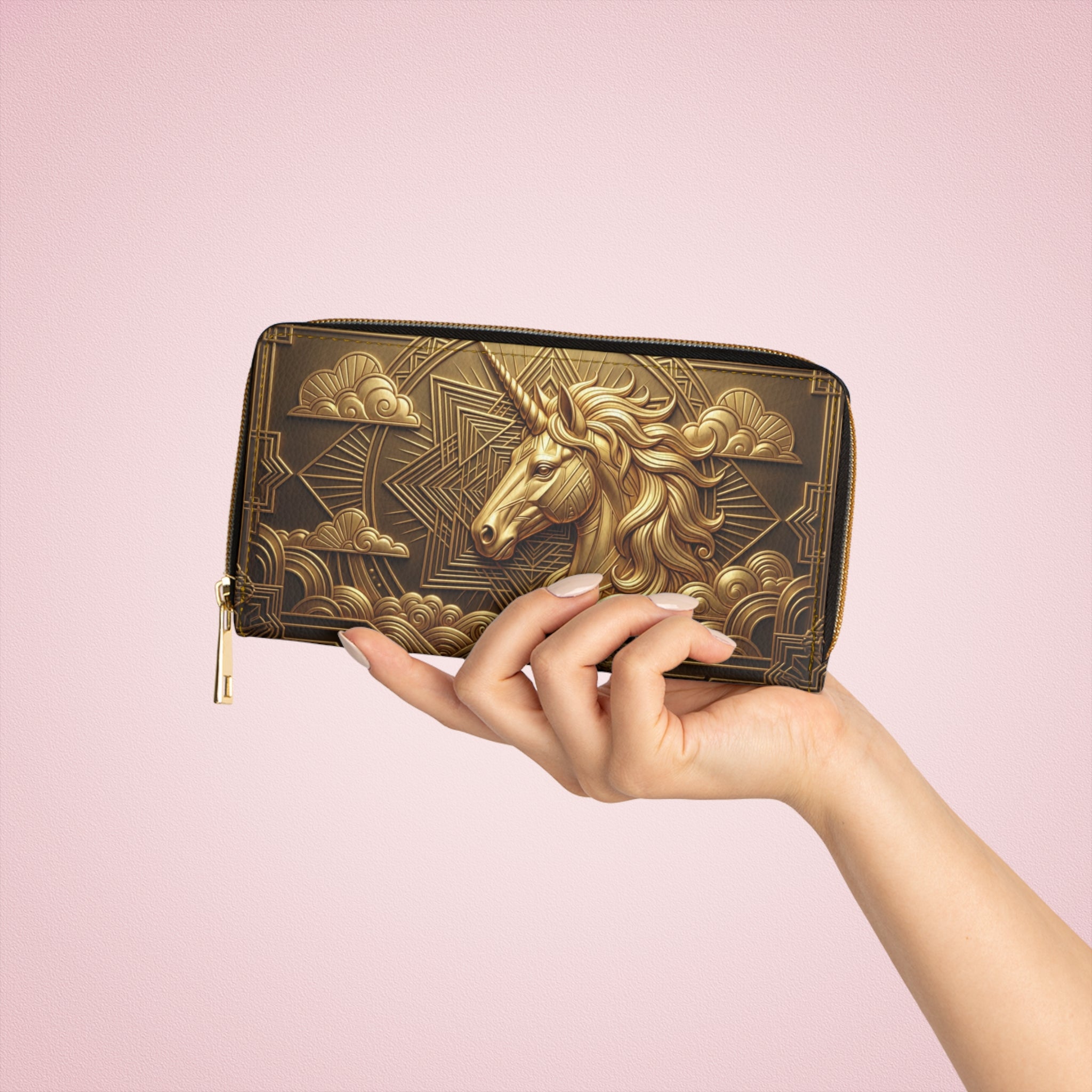 Zipper Wallet — Embossed Golden Unicorn Wallet, Boho Fantasy Zip-Around Purse