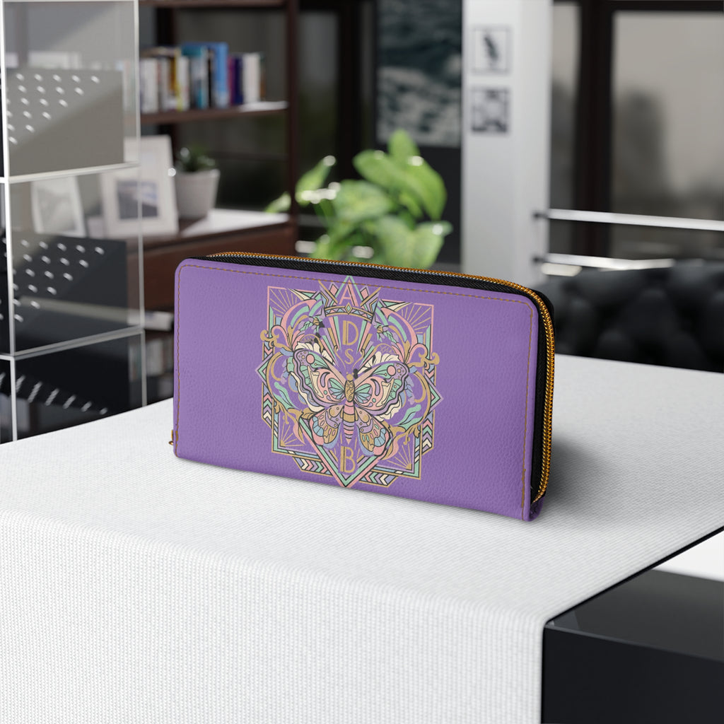 Purple Butterfly Zipper Wallet — Art Nouveau Moth Design, Alphabet Monogram Accent