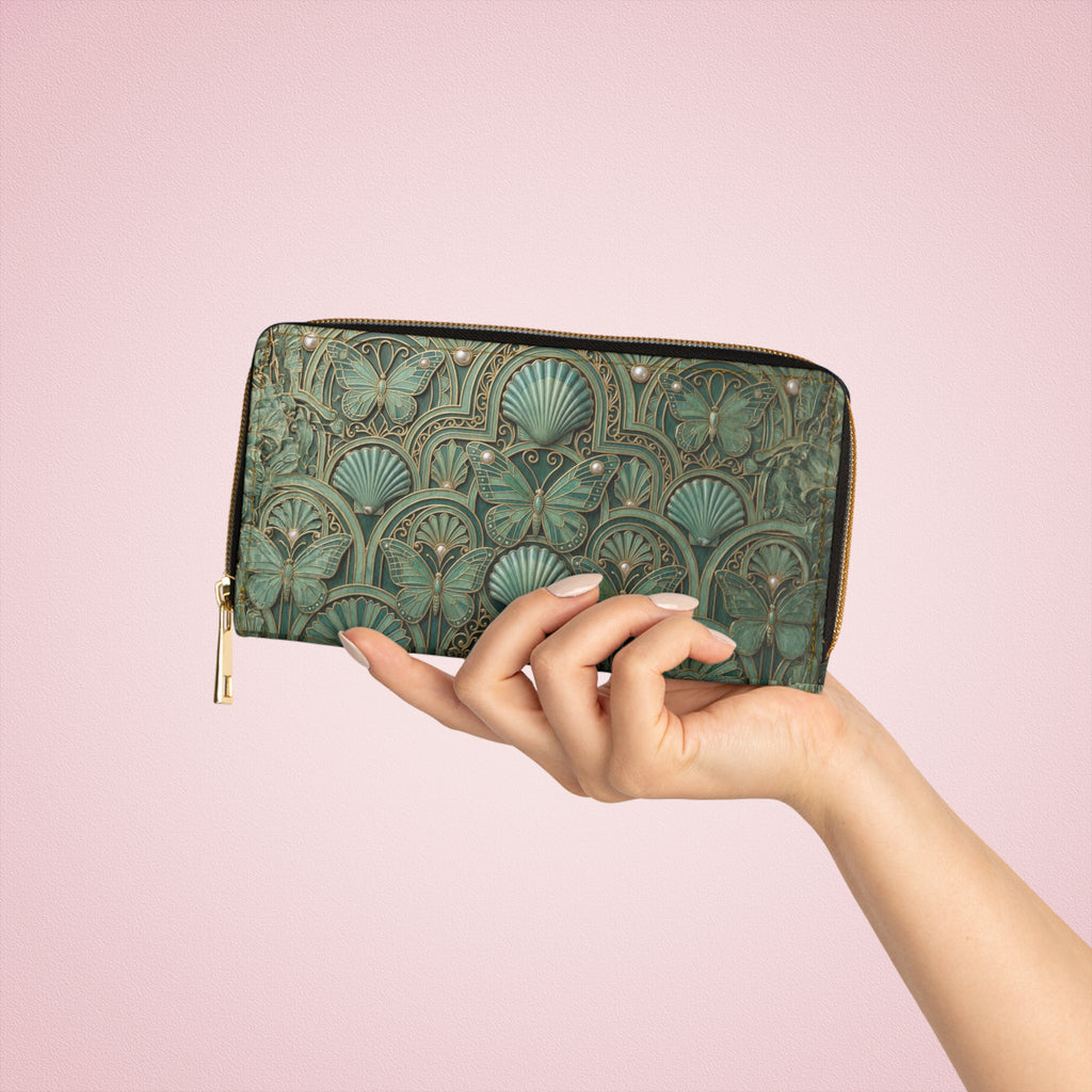 Art Deco Seashell Zipper Wallet — Vintage Green Scallop Pattern