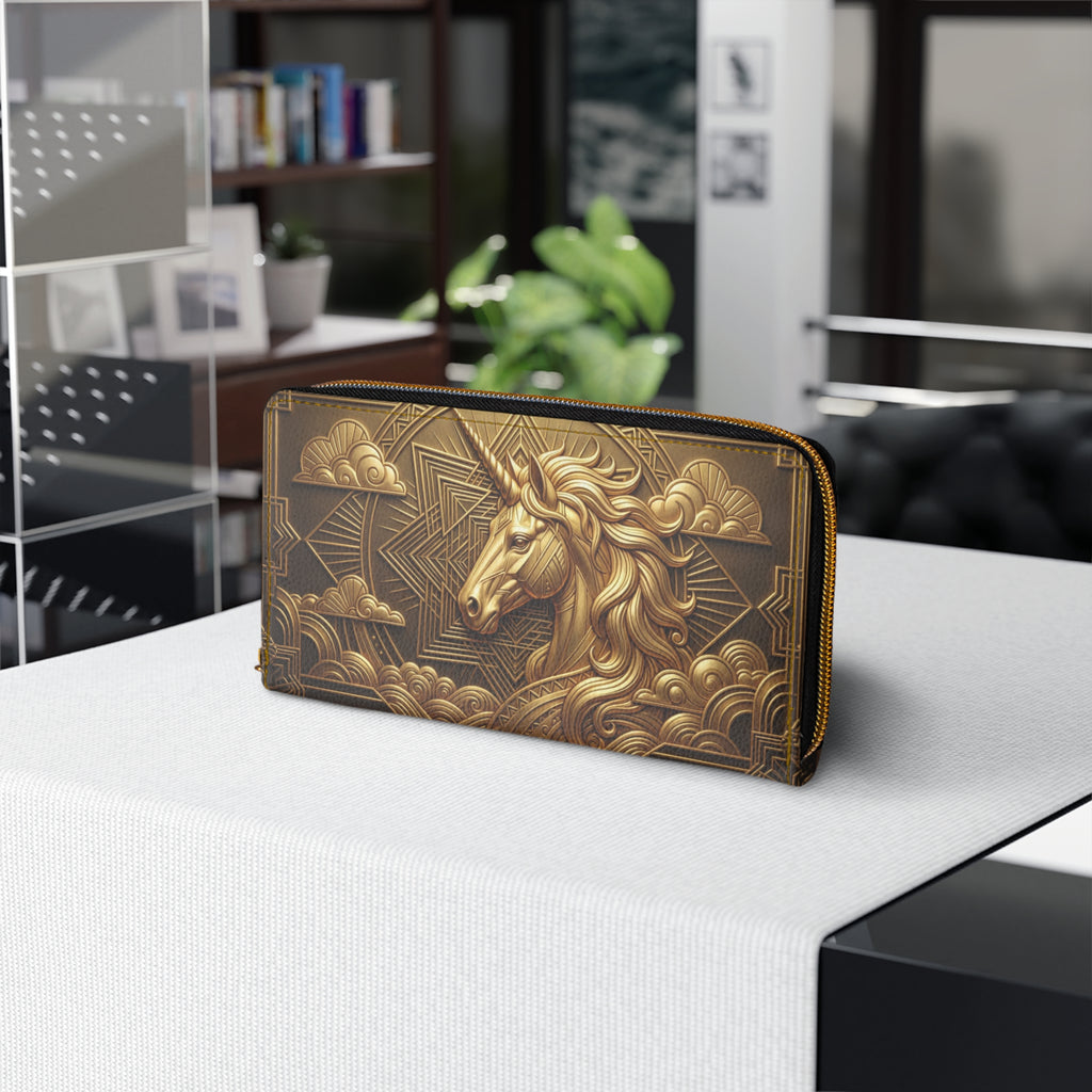 Zipper Wallet — Embossed Golden Unicorn Wallet, Boho Fantasy Zip-Around Purse