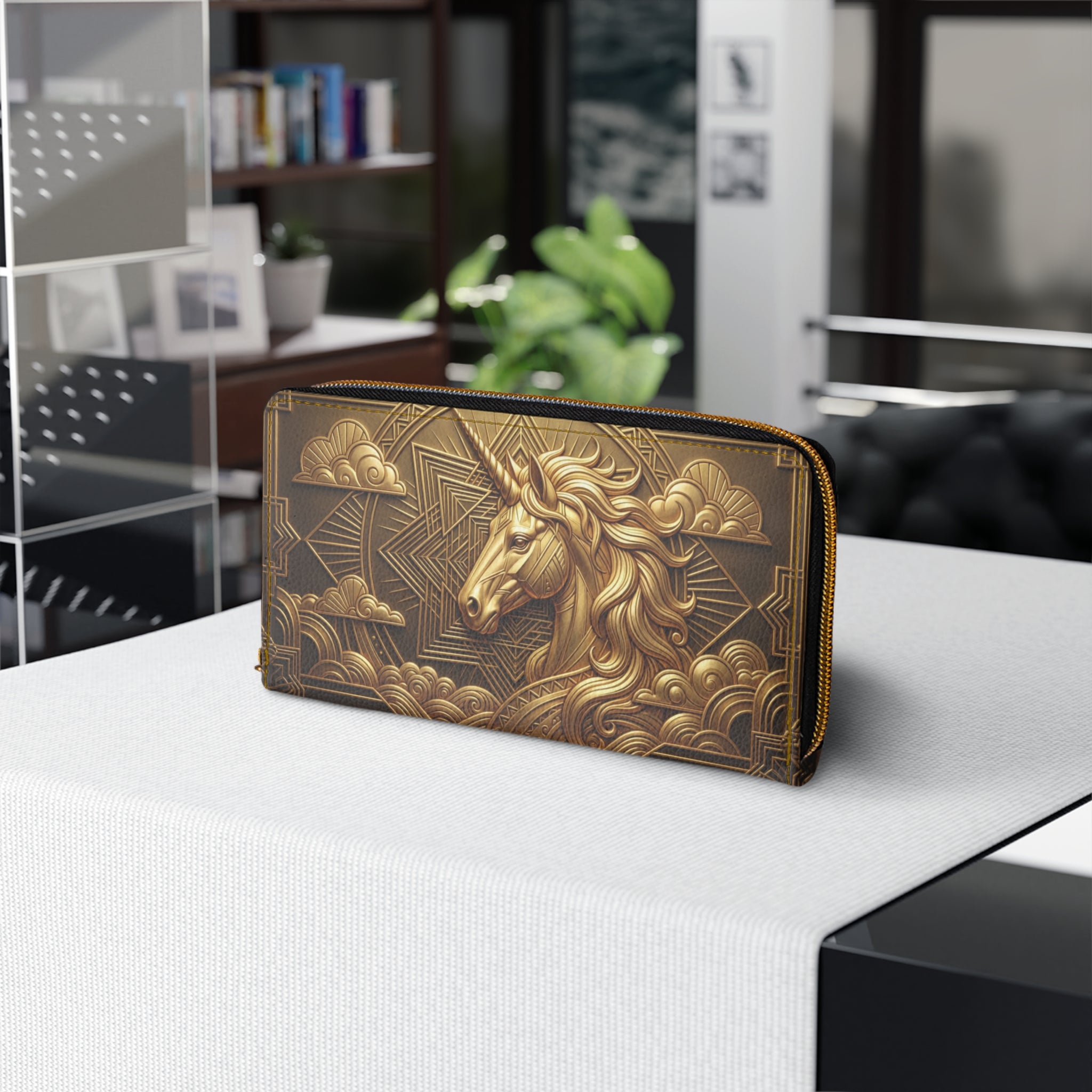 Zipper Wallet — Embossed Golden Unicorn Wallet, Boho Fantasy Zip-Around Purse
