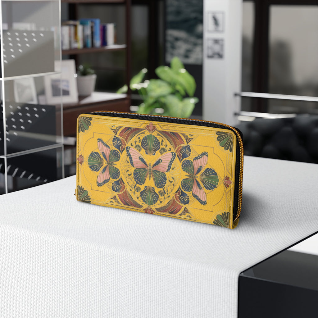 Butterfly Kaleidoscope Zipper Wallet — Yellow Floral Travel Wallet