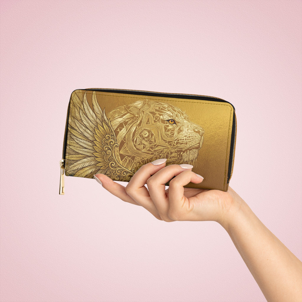 Gold Lion & Star Zipper Wallet — Ornate Metallic Animal Print Wallet