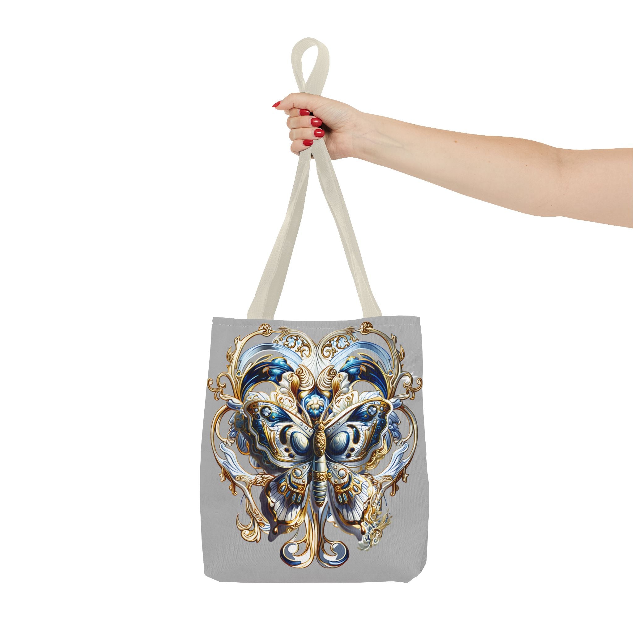 Baroque Butterfly Tote Bag — Ornate Gold & Blue All-Over Print