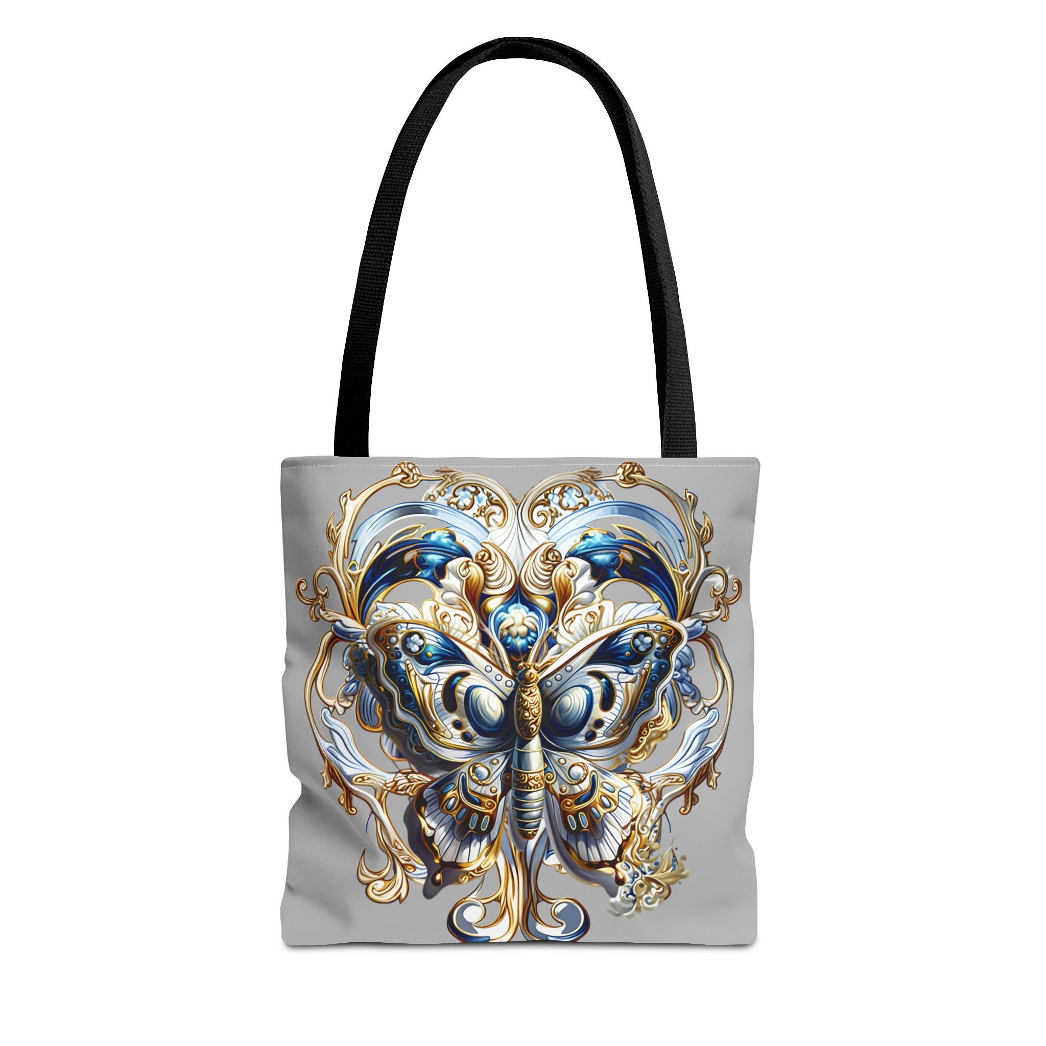 Baroque Butterfly Tote Bag — Ornate Gold & Blue All-Over Print