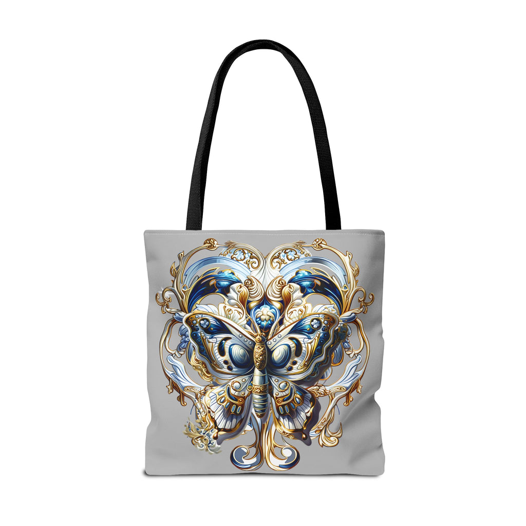 Baroque Butterfly Tote Bag — Ornate Gold & Blue All-Over Print
