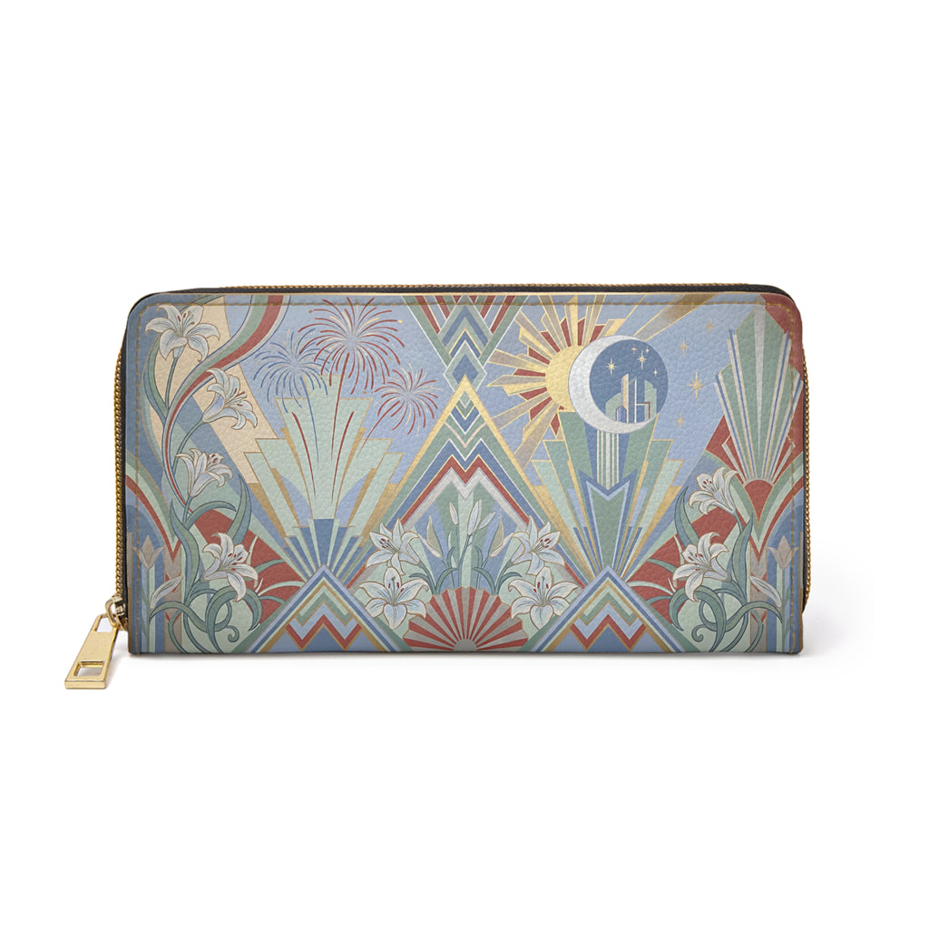 Art Deco Zipper Wallet – Vintage Sun & Moon Floral Design – sunbowjp