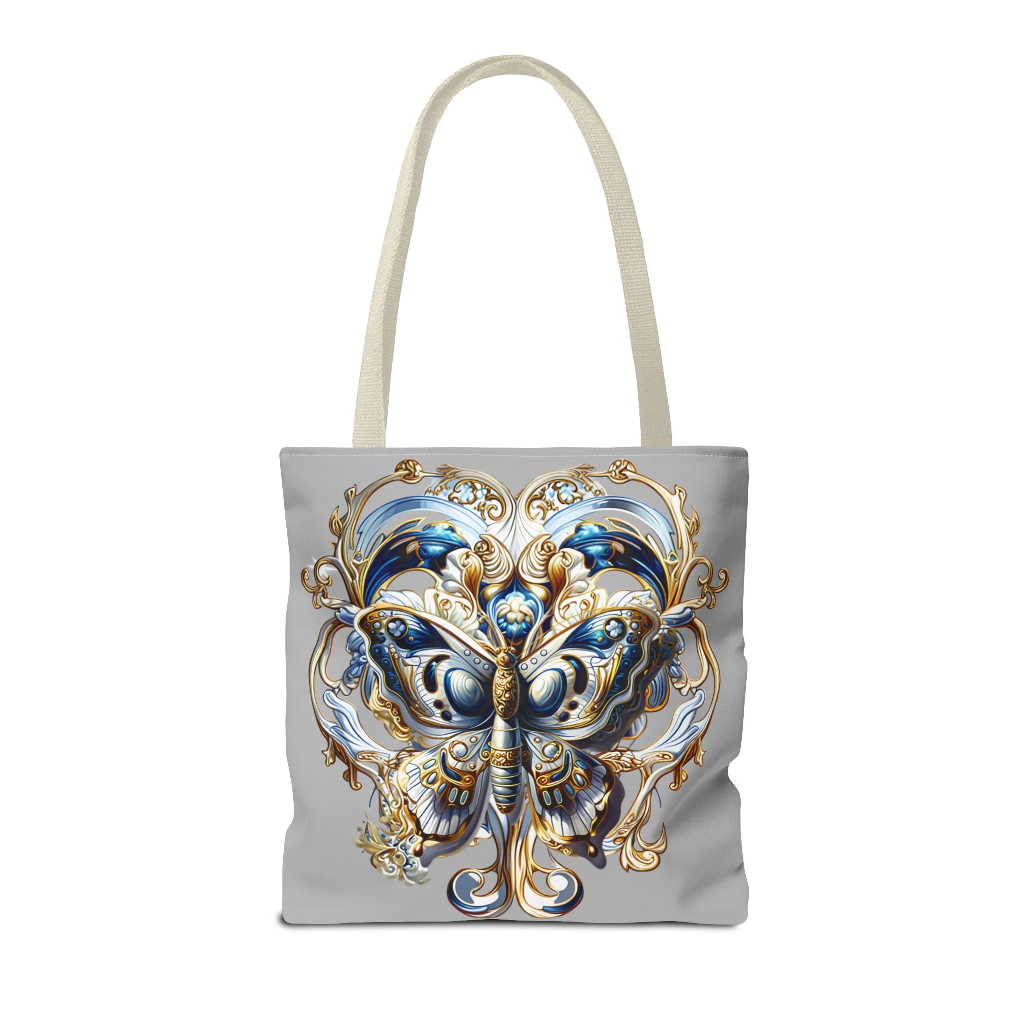 Baroque Butterfly Tote Bag — Ornate Gold & Blue All-Over Print