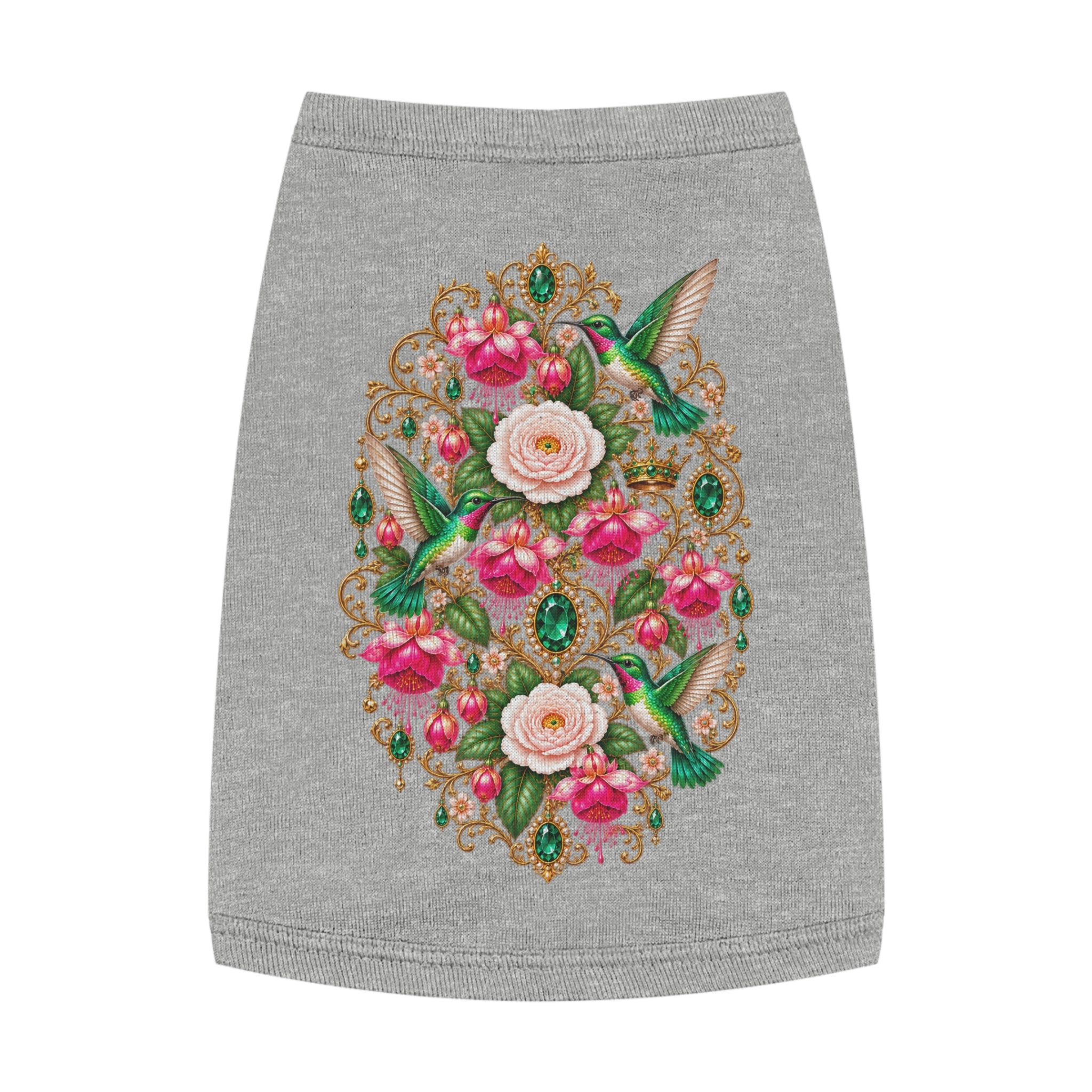 Floral Hummingbird Pet Tank — Ornate Jewel-Embossed Dog Shirt