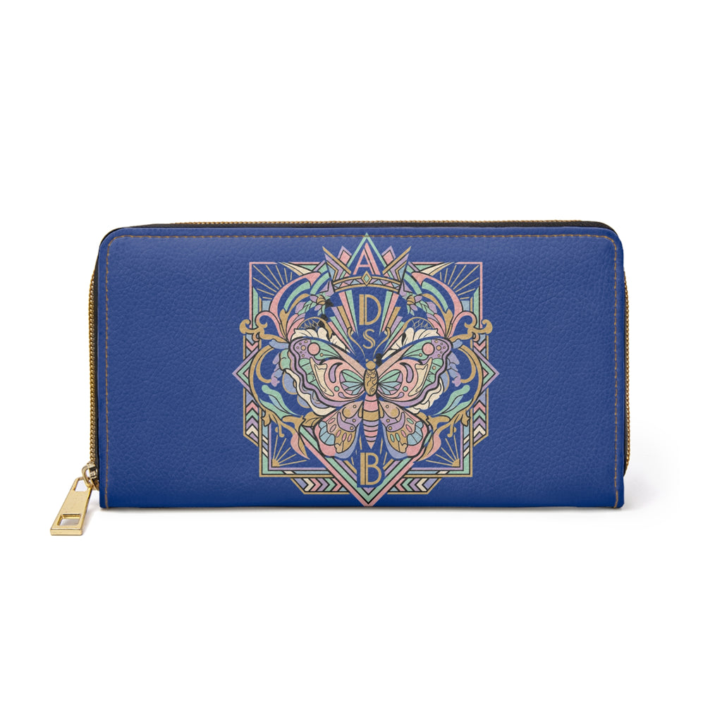 Butterfly Crest Zipper Wallet — Floral Geometric Blue Leather Wallet