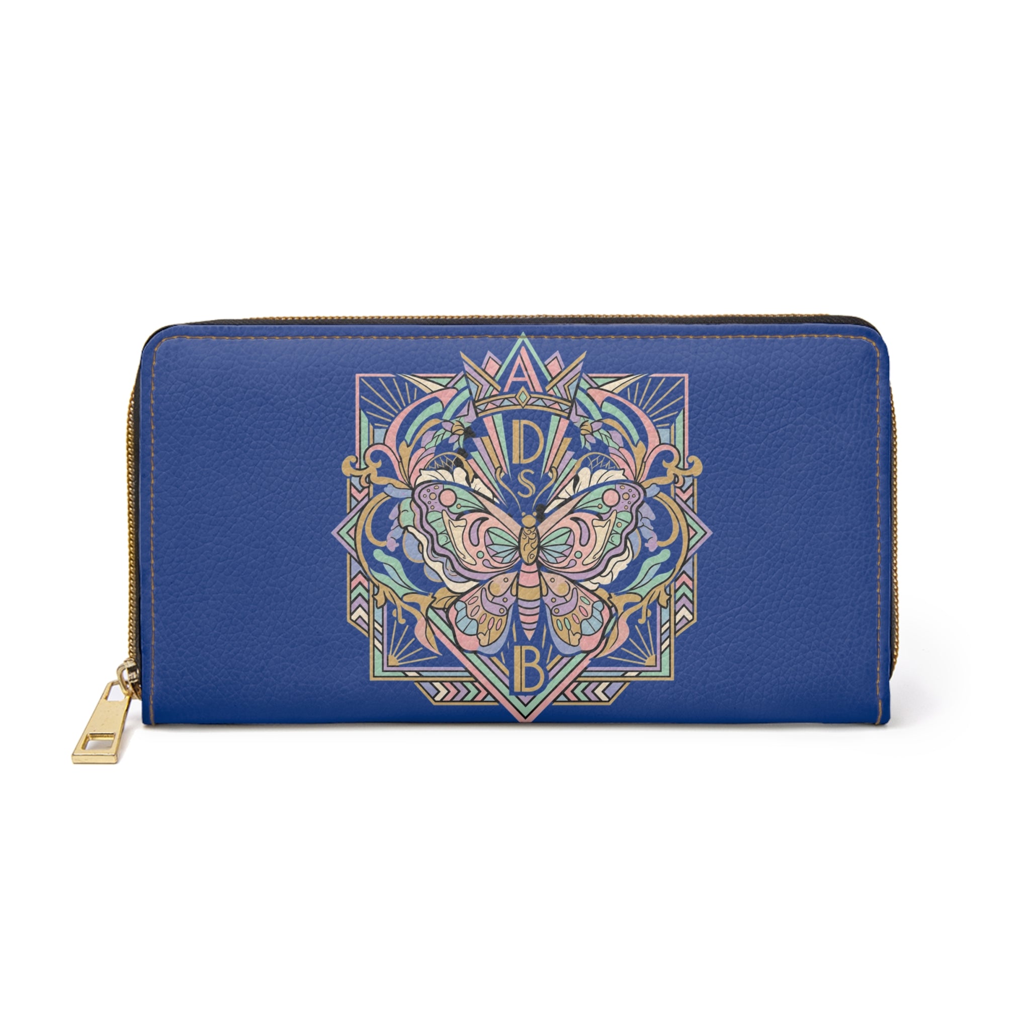 Butterfly Crest Zipper Wallet — Floral Geometric Blue Leather Wallet