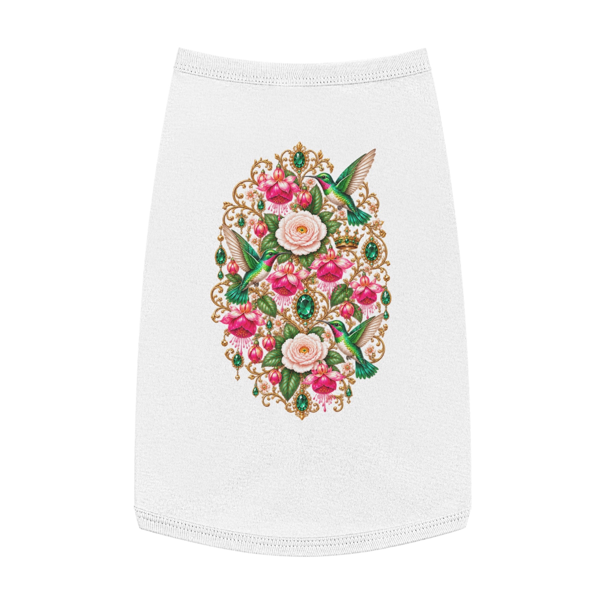 Floral Hummingbird Pet Tank — Ornate Jewel-Embossed Dog Shirt