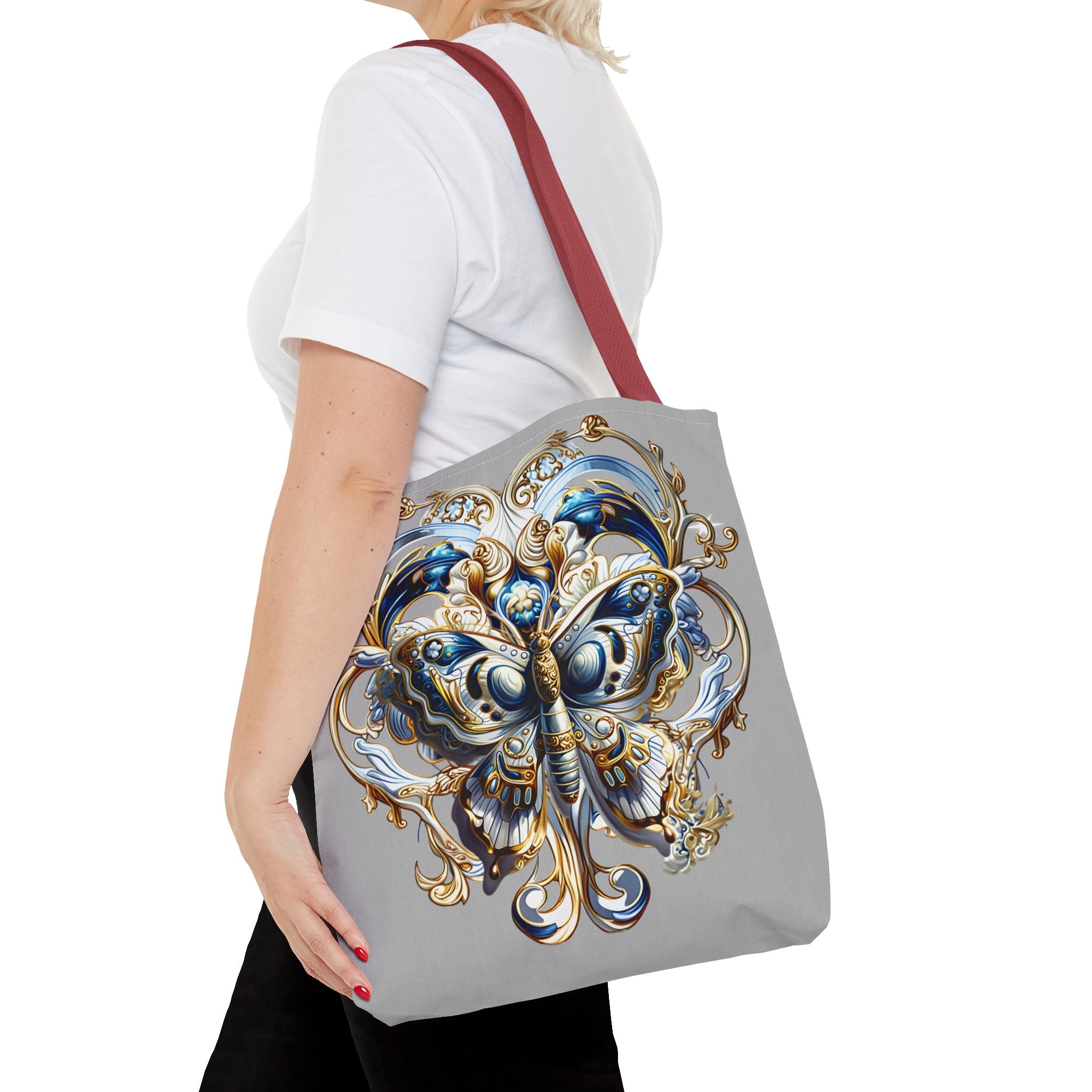 Baroque Butterfly Tote Bag — Ornate Gold & Blue All-Over Print