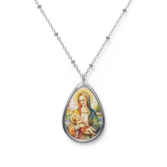 Mother & Child Oval Necklace, Religious Jewelry, Gift for Mom, Birthstone Pendant, Everyday Wear, Unique Keepsake
