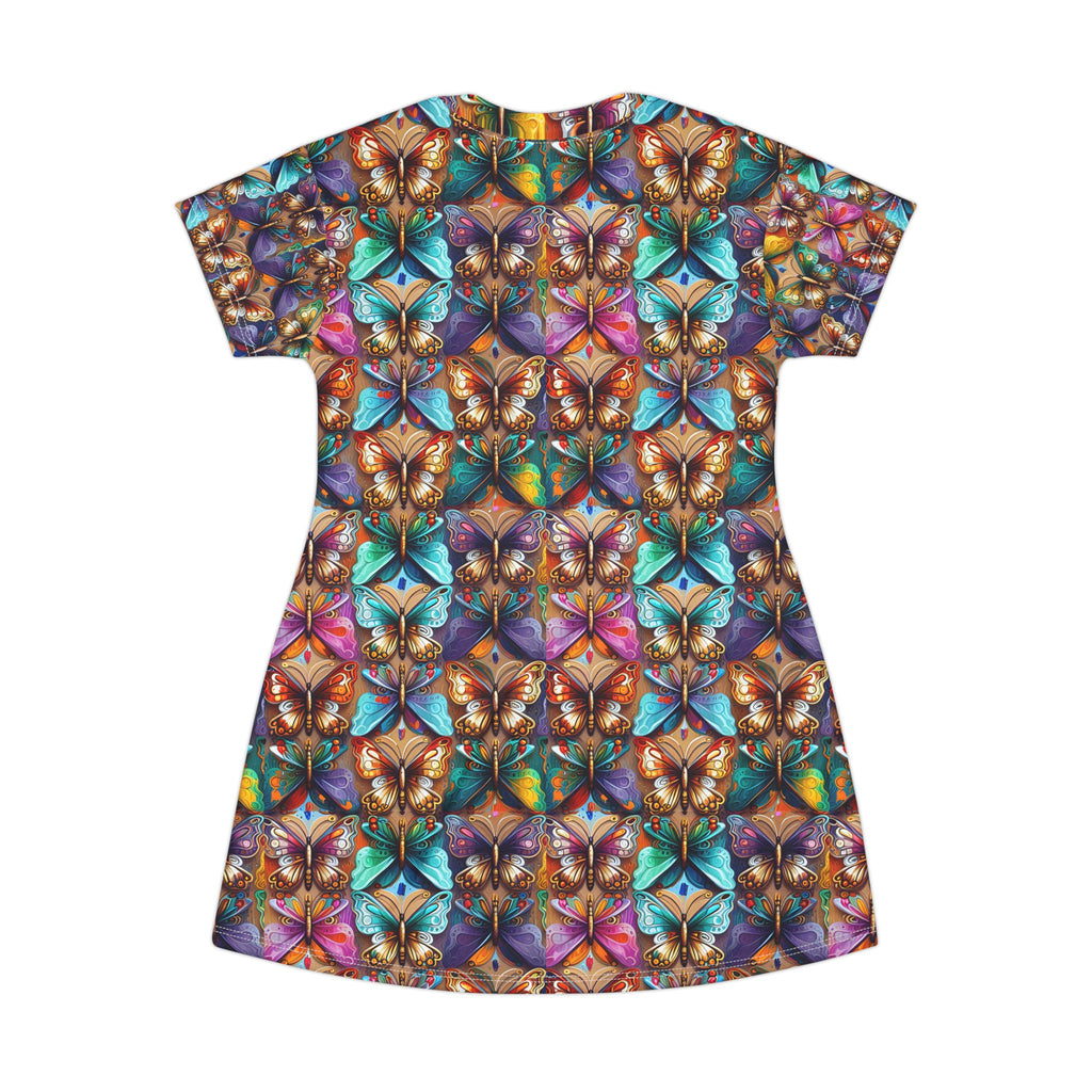 Butterfly Kaleidoscope T-Shirt Dress — Colorful All-Over Print