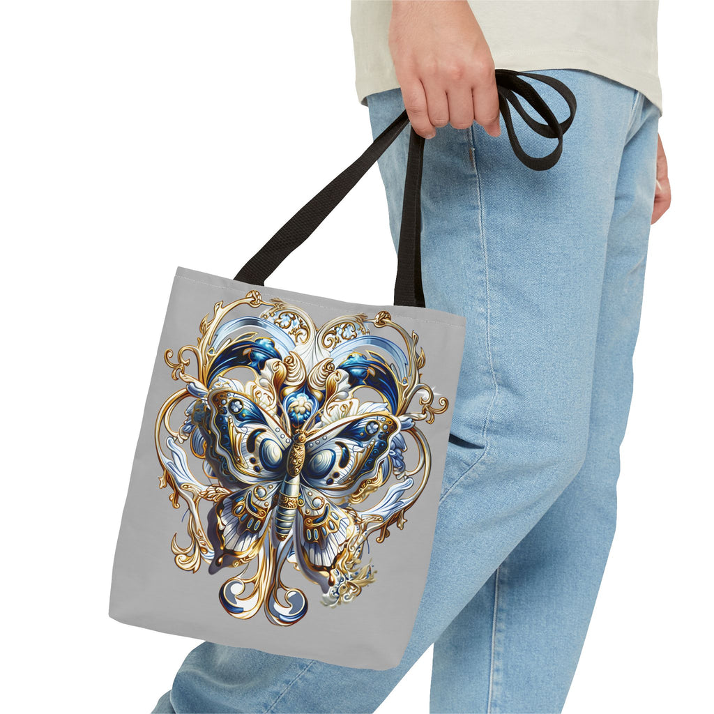 Baroque Butterfly Tote Bag — Ornate Gold & Blue All-Over Print