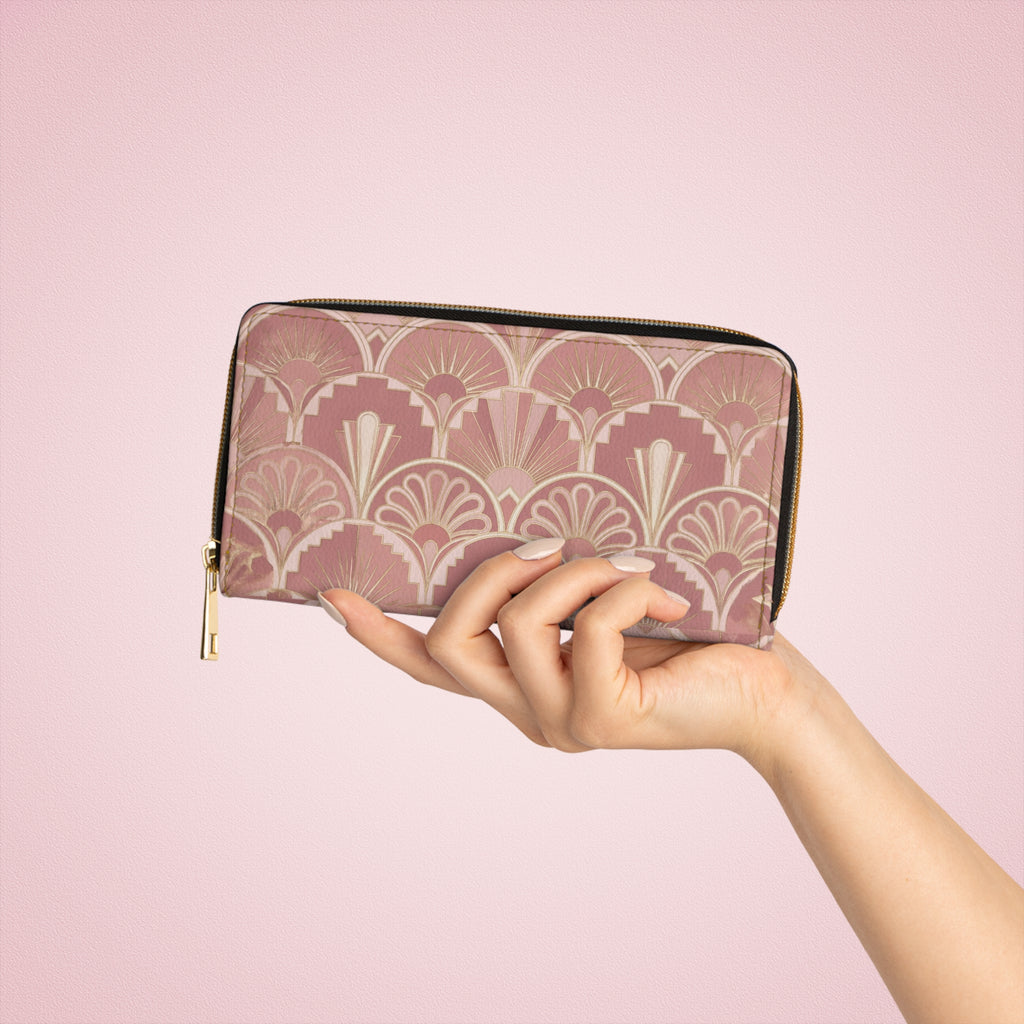 Art Deco Rose Zipper Wallet — Elegant Vintage Fan Pattern Wallet