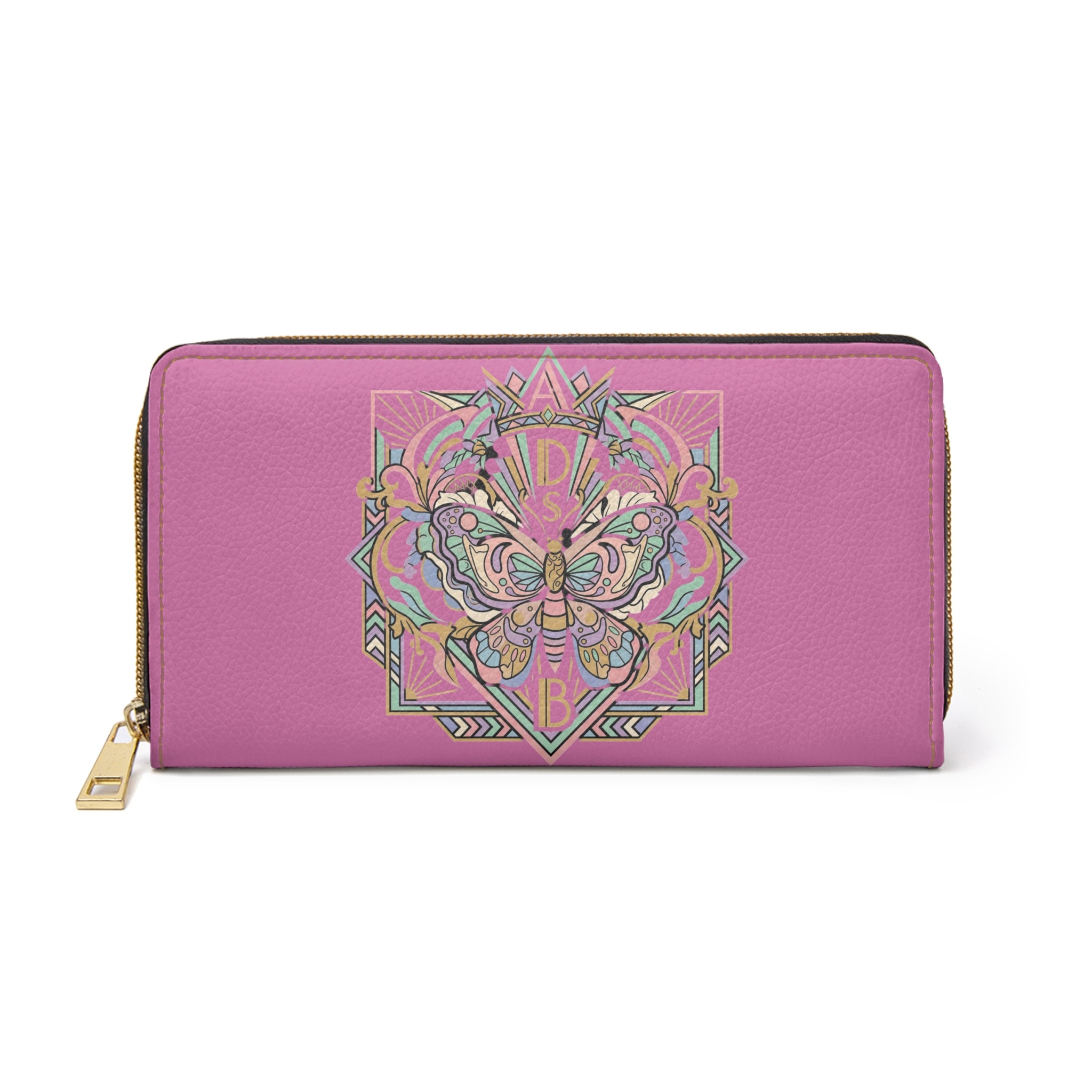 Pink Butterfly Zipper Wallet — Floral Mandala Design, Long RFID-Friendly Wallet