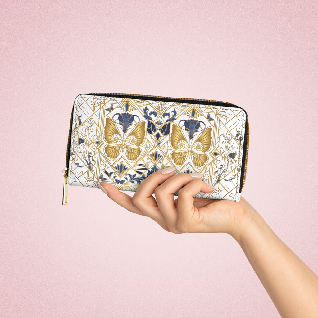 Gold Butterfly Zipper Wallet — Elegant Floral Art Nouveau Clutch Wallet