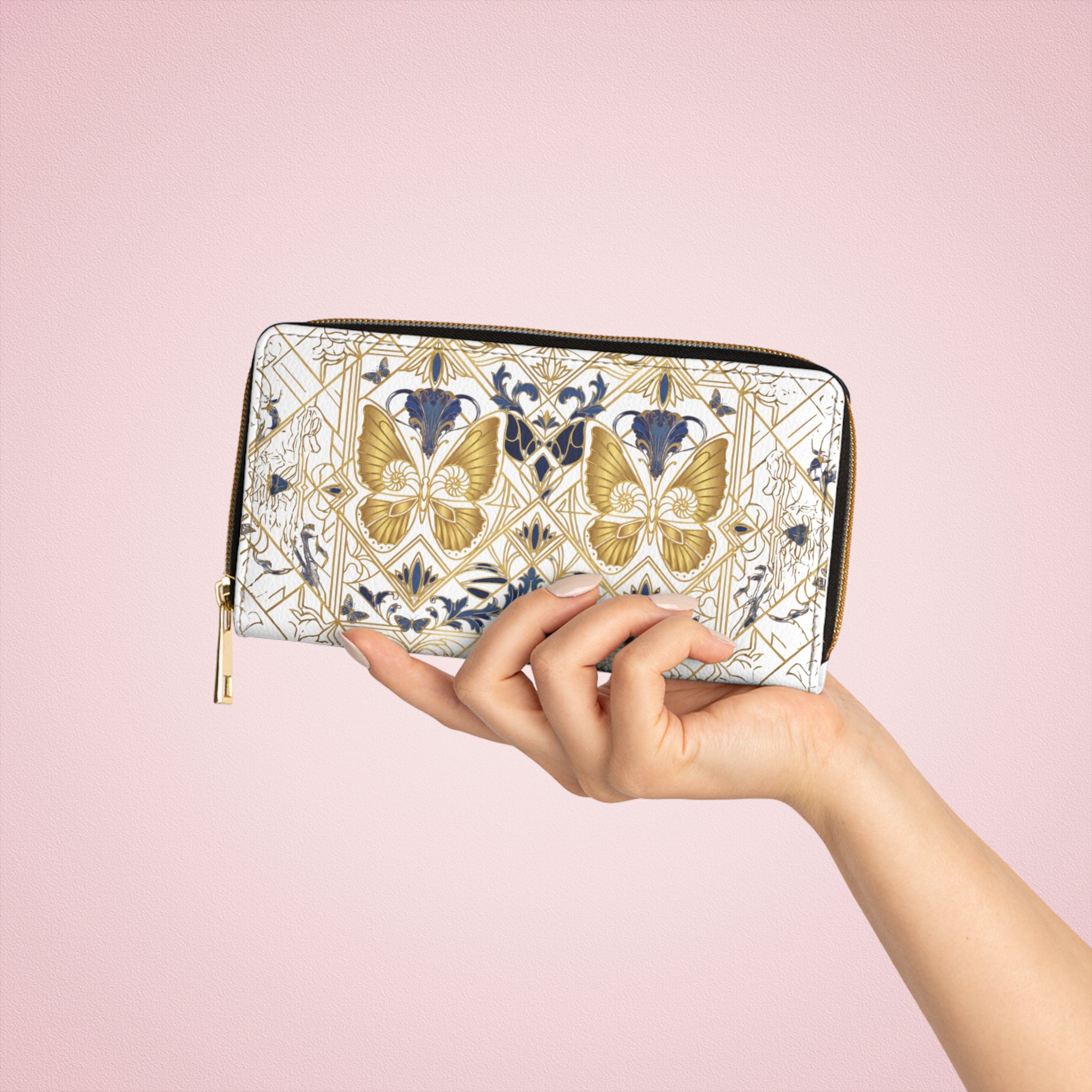 Gold Butterfly Zipper Wallet — Elegant Floral Art Nouveau Clutch Wallet