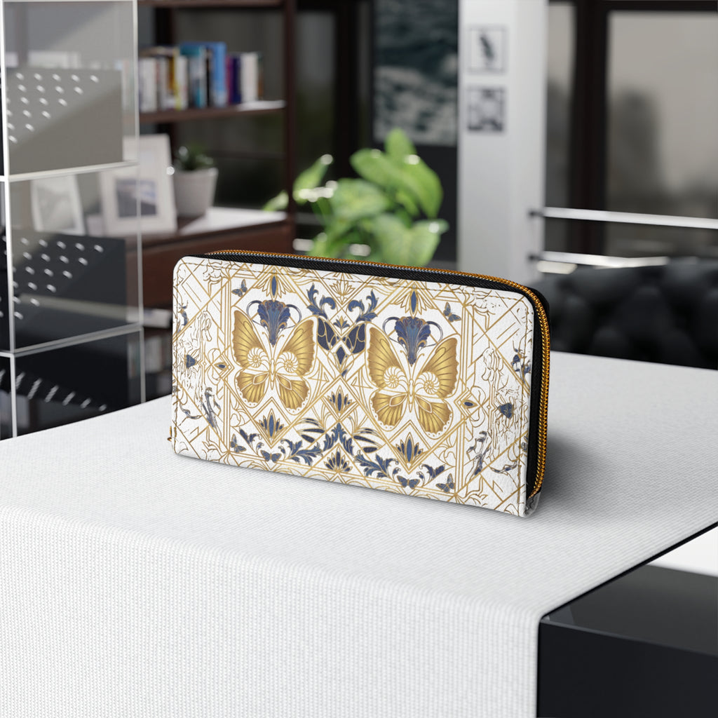Gold Butterfly Zipper Wallet — Elegant Floral Art Nouveau Clutch Wallet