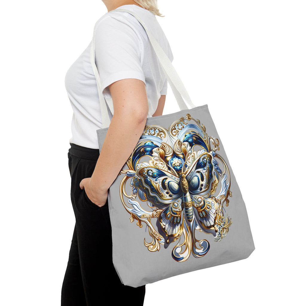 Baroque Butterfly Tote Bag — Ornate Gold & Blue All-Over Print