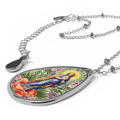 Delicate Oval Necklace with Floral Design, Meaningful Gift for Her, Boho Jewelry, Charm Necklace, Religious Pendant, Everyday Wear