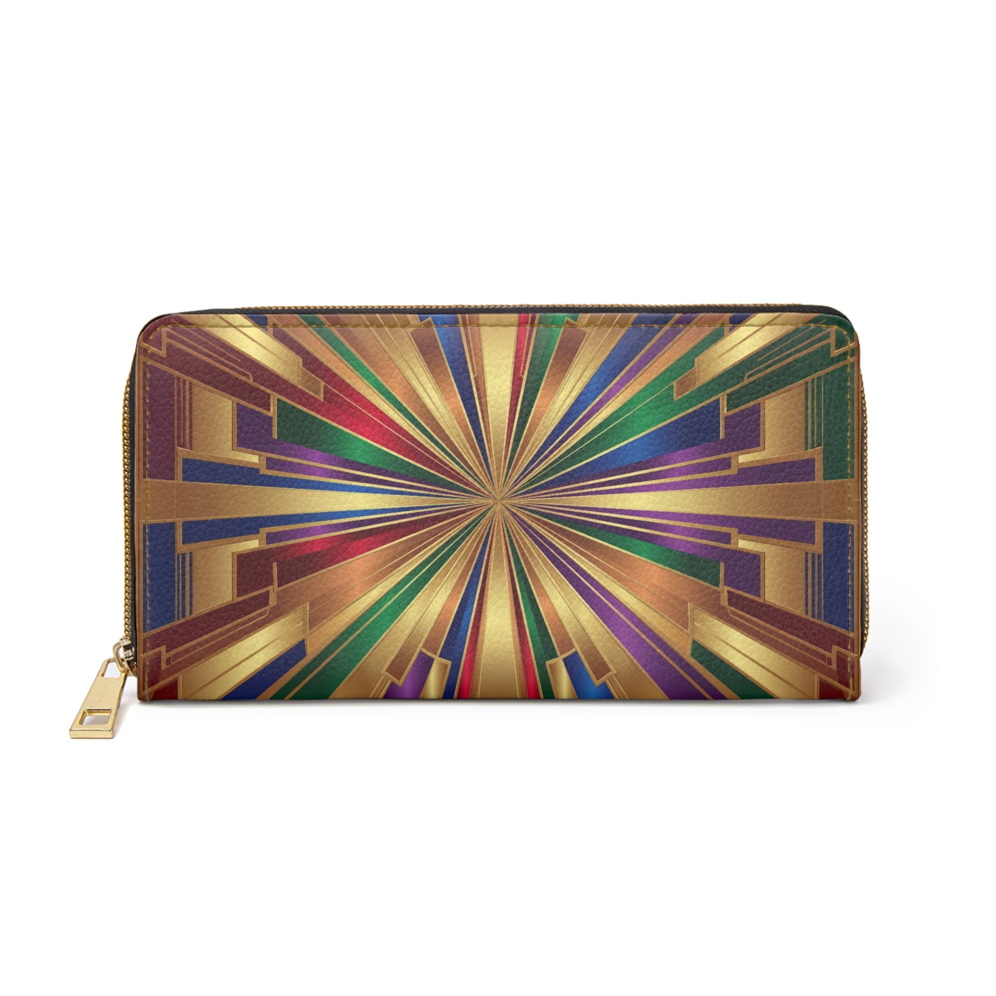Art Deco Radiant Zip Wallet — Geometric Gold Burst Design