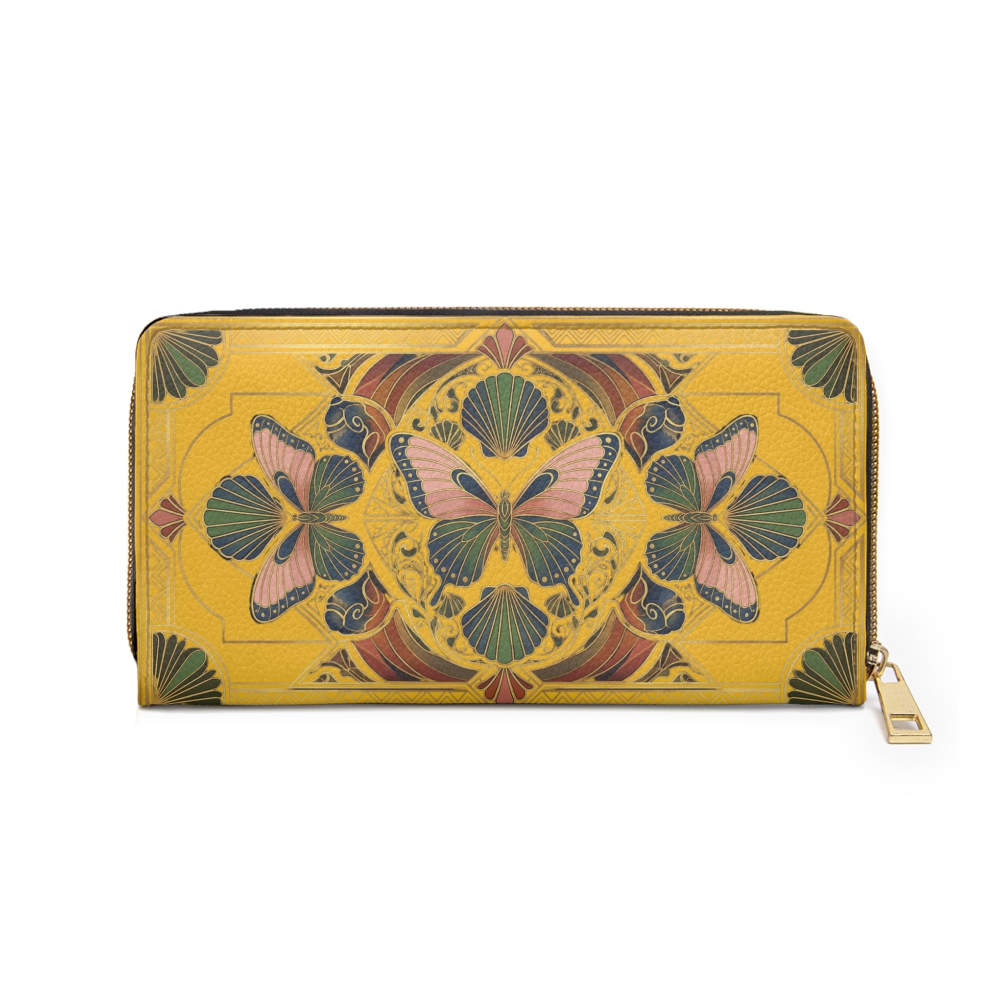 Butterfly Kaleidoscope Zipper Wallet — Yellow Floral Travel Wallet