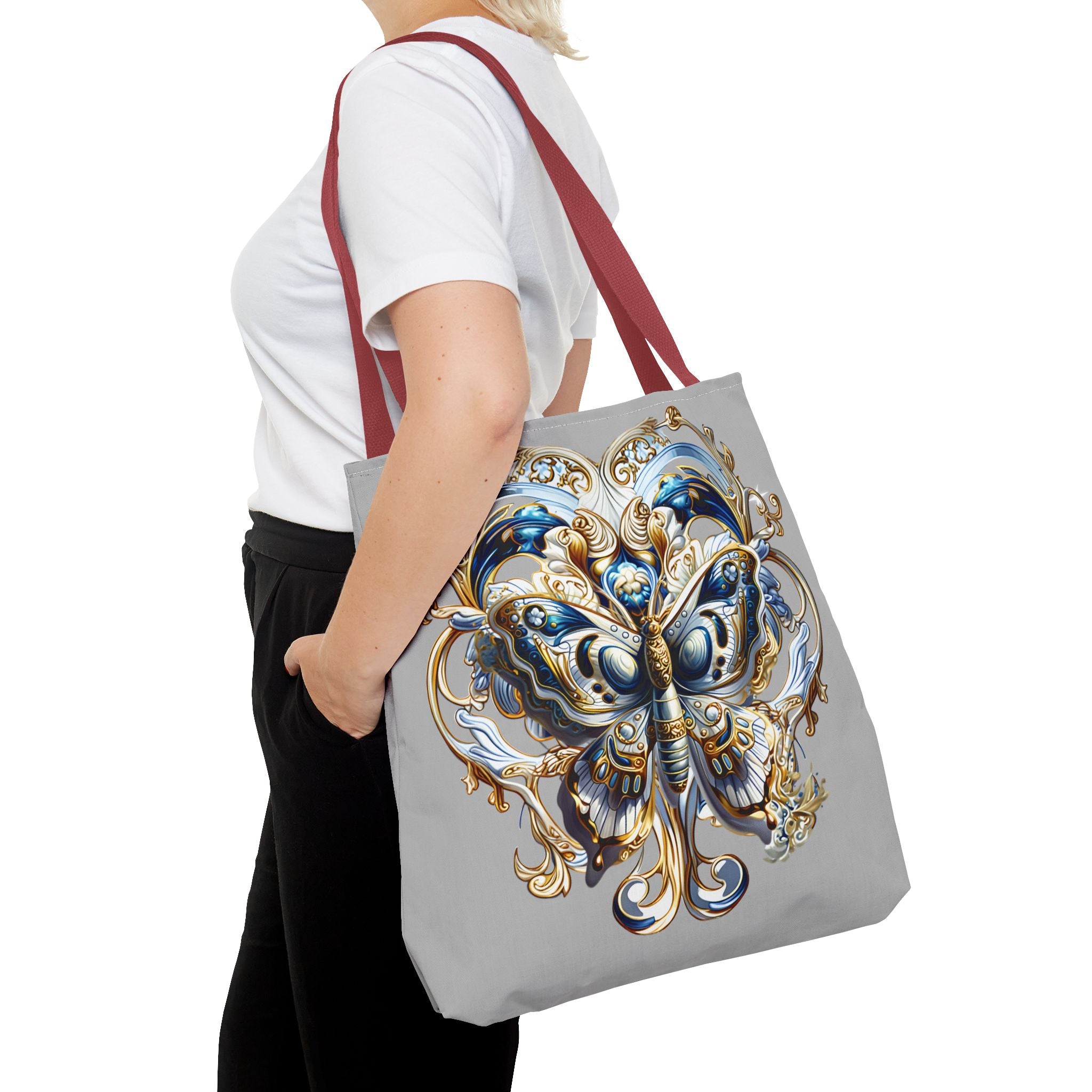 Baroque Butterfly Tote Bag — Ornate Gold & Blue All-Over Print