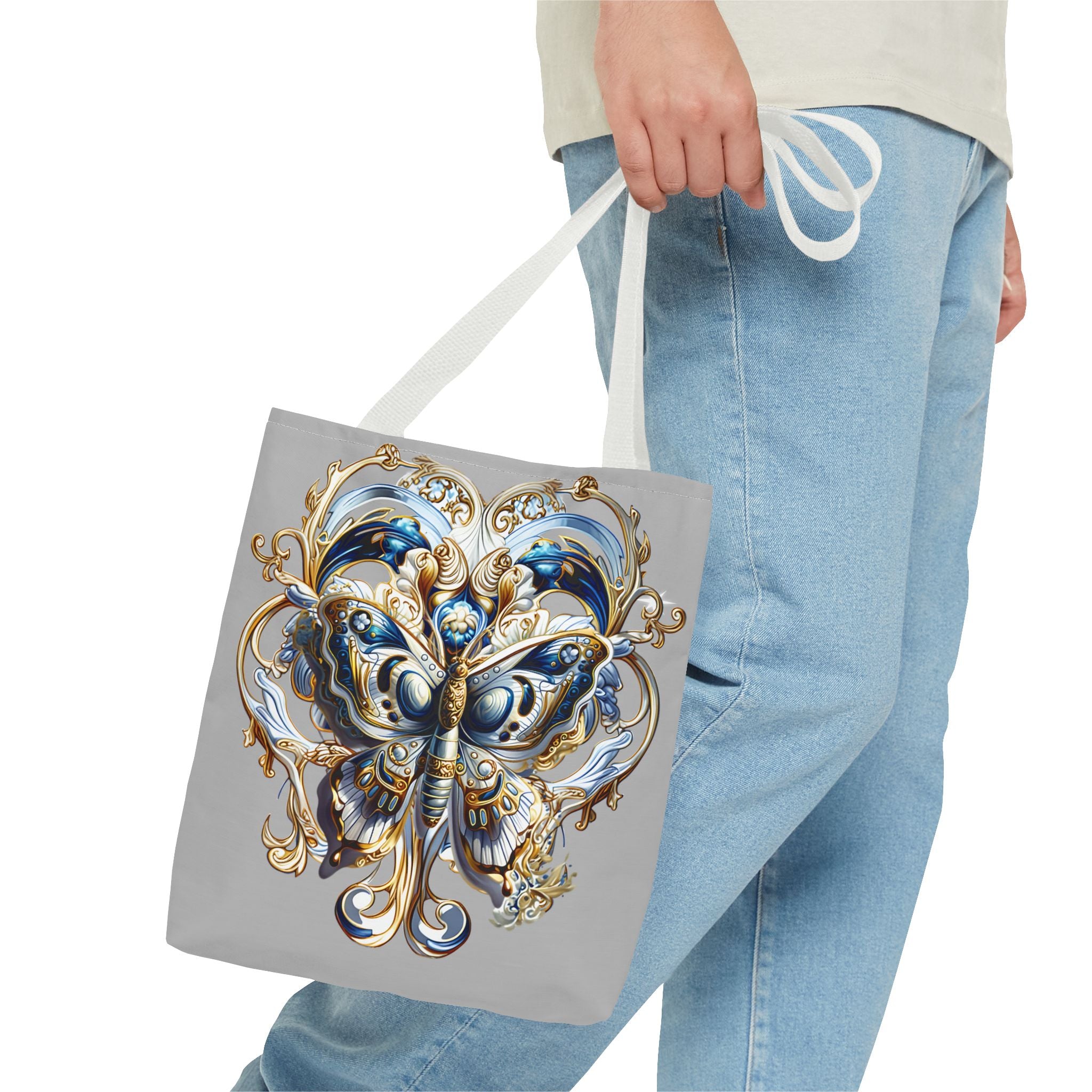 Baroque Butterfly Tote Bag — Ornate Gold & Blue All-Over Print