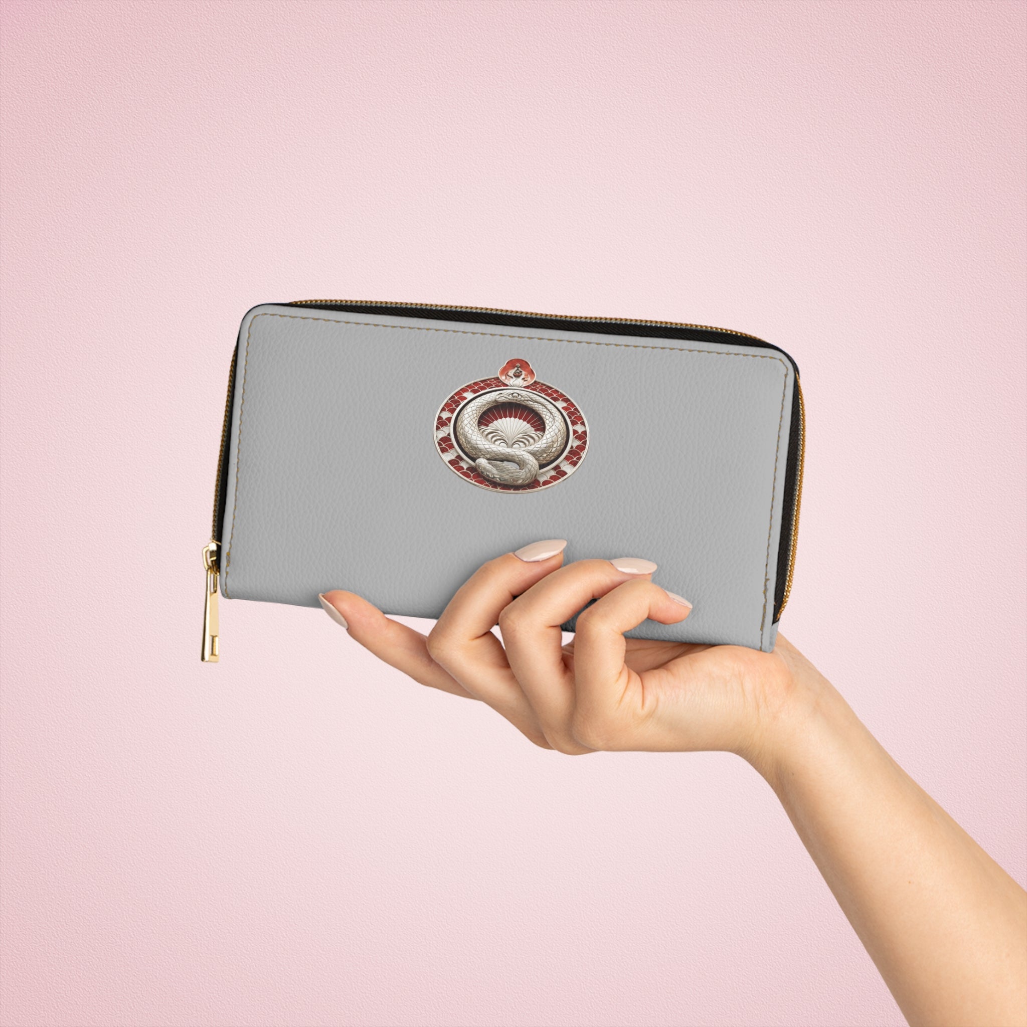 Grey Zip Wallet with Vintage Snake Emblem – Leather Zipper Wallet