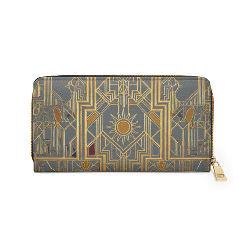 Art Deco Zip Wallet — Gold Geometric Sun Pattern