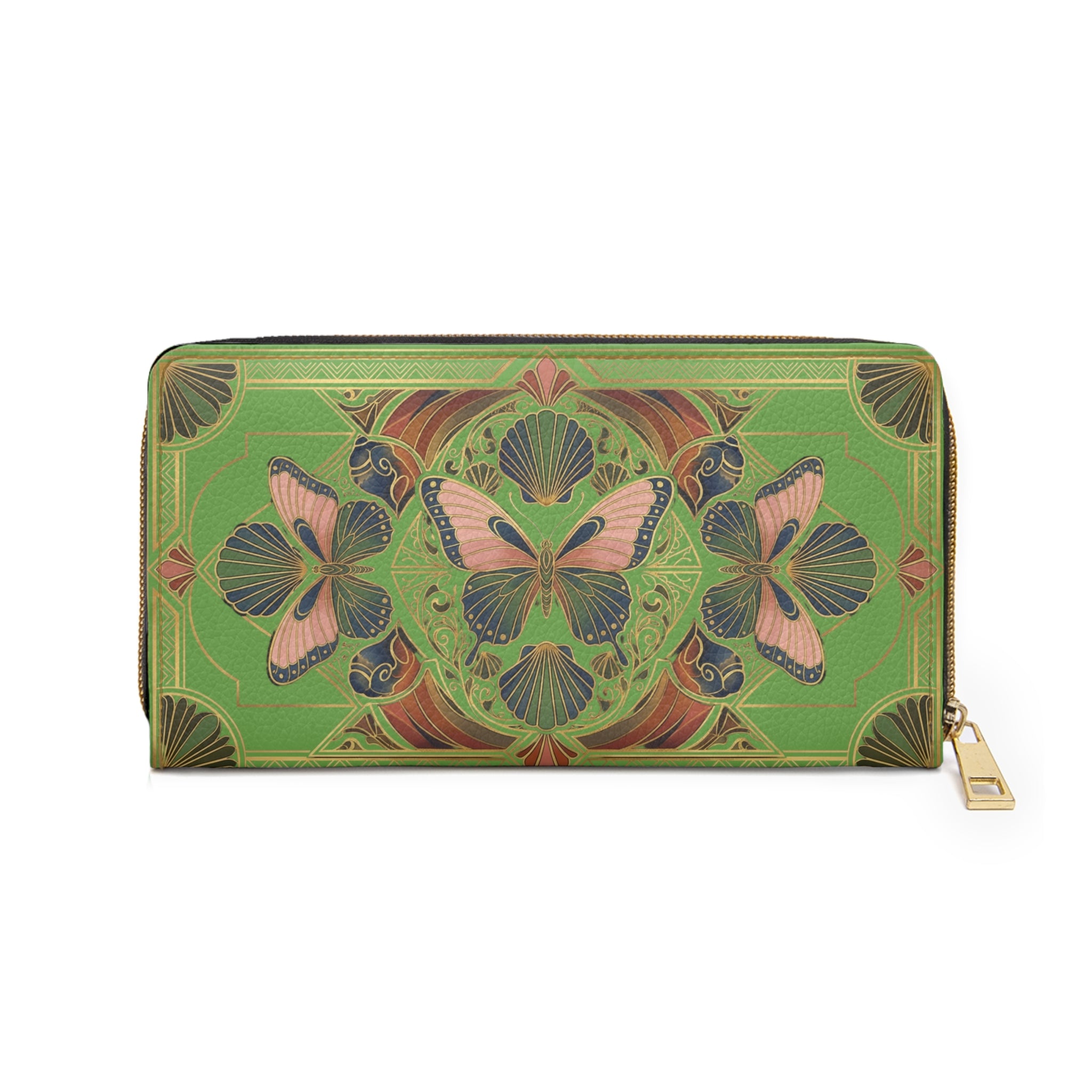 Green Butterfly Mandala Zipper Wallet – Art Nouveau Floral Zip Wallet