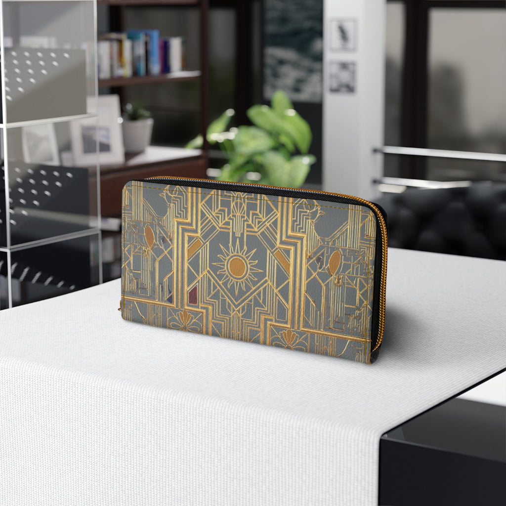 Art Deco Zip Wallet — Gold Geometric Sun Pattern