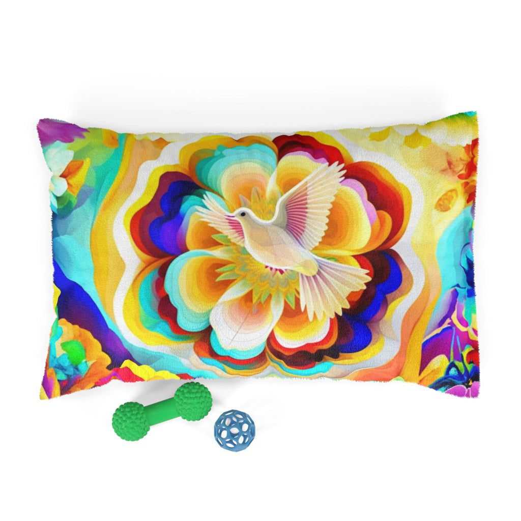 Pet Bed — Vibrant Rainbow Floral Design with White Dove