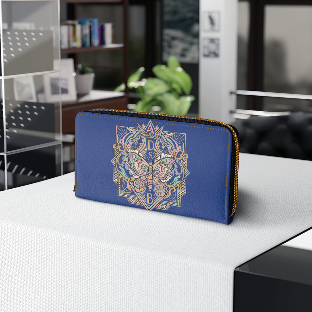 Butterfly Crest Zipper Wallet — Floral Geometric Blue Leather Wallet
